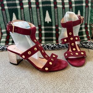 Kate Spade Welby Gold Studded Ankle Strap Gold Heels Open Toe Burgundy Sz 7.5